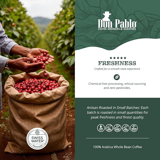 Don Pablo Colombian Decaf - Swiss Water Process Decaffeinated - Medium-Dark Roast Gourmet Coffee - 100% Arabica Whole Bean Non-GMO Low Acidity 907g (2LB) Bag