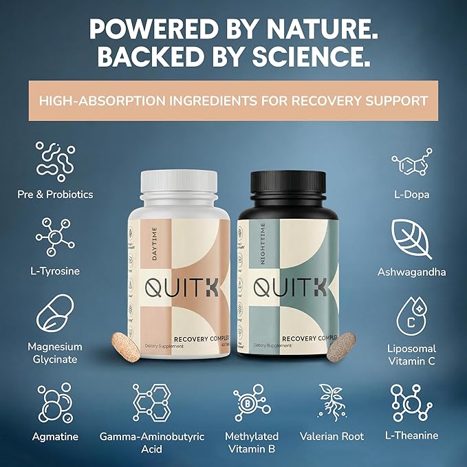 Withdrawal and Detox Support – QuitK Recovery Complex – Sleep Energy Stress Mood &amp Craving Support – Daily Supplement - Magnesium Glycinate Ashwagandha GABA L-Theanine Agmatine &amp More