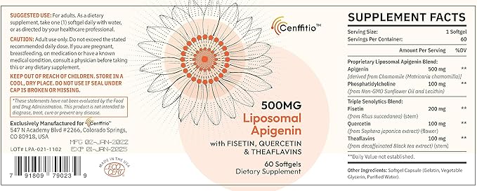 Liposomal apigenin 500mg Softgels - Optimal Apigenin Supplement with Fisetin Quercetin and Theaflavins - 8 Month Supply