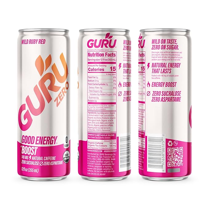 GURU ZERO SUGAR Wild Ruby Red Organic Energy Drinks Clean Energy Drink with Plant Based Natural Caffeine from Green Tea Coconut Water Prebiotic Zero Added sugars Gluten Free and Vegan Pre Workou