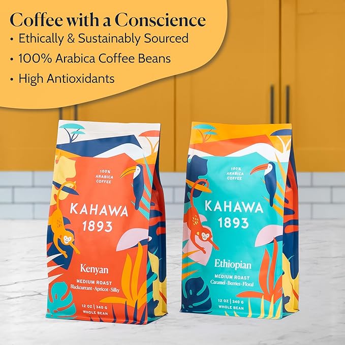 Kahawa 1893 Whole Bean Coffee Combo Pack Kenyan &amp Ethiopian Blend (12 Oz x 2) - As Seen on Shark Tank High Antioxidants Naturally Sweet Organically Grown Ethically &amp Sustainably Sourced