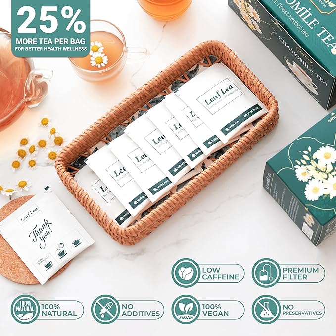 LeafLea Chamomile and Black Tea Blend Chamomile Tea Bags Black Tea &amp Pure Camomile Flowers Manzanilla Tea Bags Stress Relief Vegan Supports Digestion Ideal Wellness Gift Box | 80 Bags