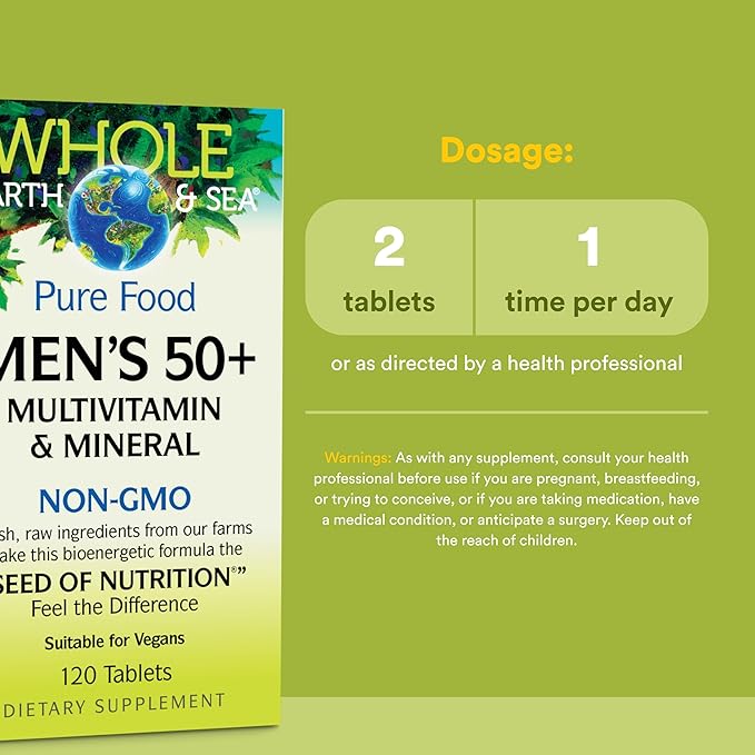 Natural Factors Whole Earth &amp Sea Men's 50+ Multivitamin &amp Mineral - Daily Nutritional Support Multivitamin - Supports Brain Health &amp Immune System Function - Vegan - 120 Tablets (60 Servi