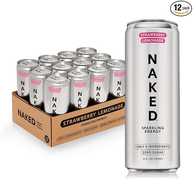 Naked Sparkling Energy Drink - Strawberry Lemonade Organic Caffeine Organic Lemon Juice Zero Sugar No Sucralose Naturally Sweetened Clean Energy Drinks Vegan Gluten-Free Non-GMO - 12oz Cans (