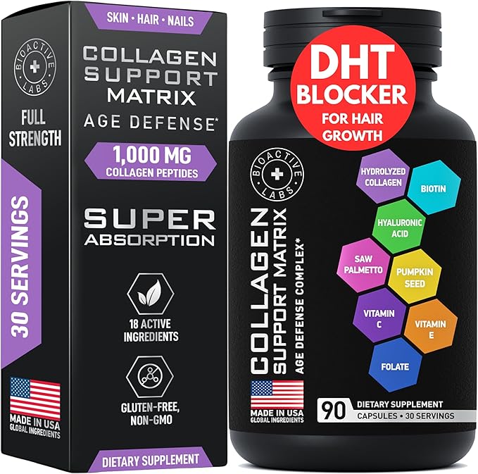 Age Defense Beauty Collagen Matrix - 2000mg Multi Collagen Biotin Keratin Hyaluronic Acid Saw Palmetto Vitamin C Supplement Complex - DHT Blocker for Men &amp Women for Hair Growth - 90 Gluten-Free