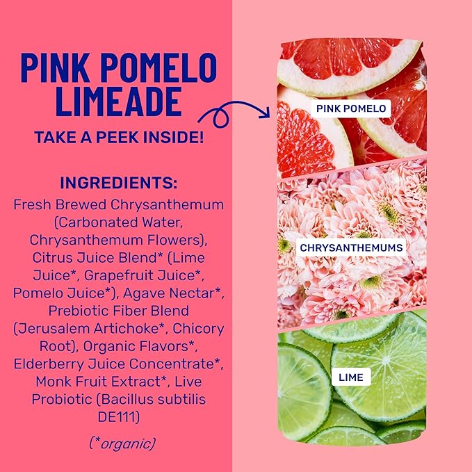 Wildwonder Sparkling Probiotic Drink Pink Pomelo Limeade Gluten Free Vegan Canned Soda with 5g of Prebiotic Fiber for Digestive &amp Immune Support Low Sugar Caffeine Free 12 FL OZ Cans 12 Pa