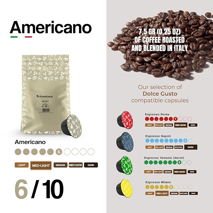 Dongiò Caffè Americano Capsules Compatible with Nescafe Dolce Gusto system 100 Count of Single-Serve Coffee pods (5 Boxes of 20 capsules each) Med-Light Roast | Intensity 6/10