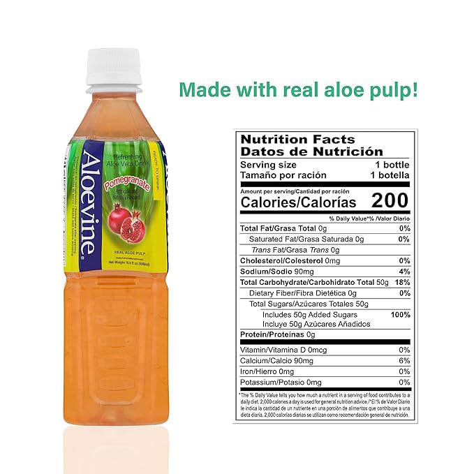 Aloevine Aloe Vera Drink Pomegranate – Drink Aloe Juice with Real Aloe Chunks | Healthy Plant-Based Korean Beverage | Aloe Vera Juice | 16.9 oz Bottles (20 Pack)