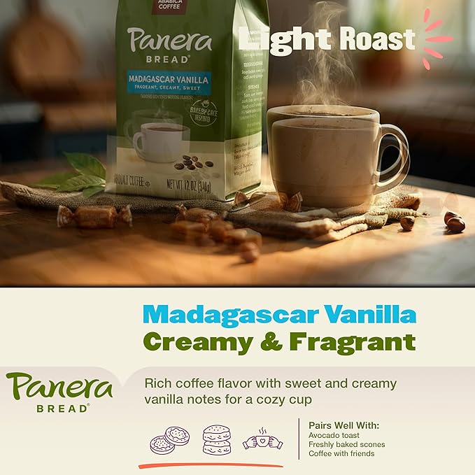 Panera Madagascar Vanilla Ground Coffee - Light Roast Natural Vanilla Flavor - 100% Arabica No Artificial Ingredients - Bakery-Cafe Quality - 12oz Bag Pack of 6 (72oz Total)
