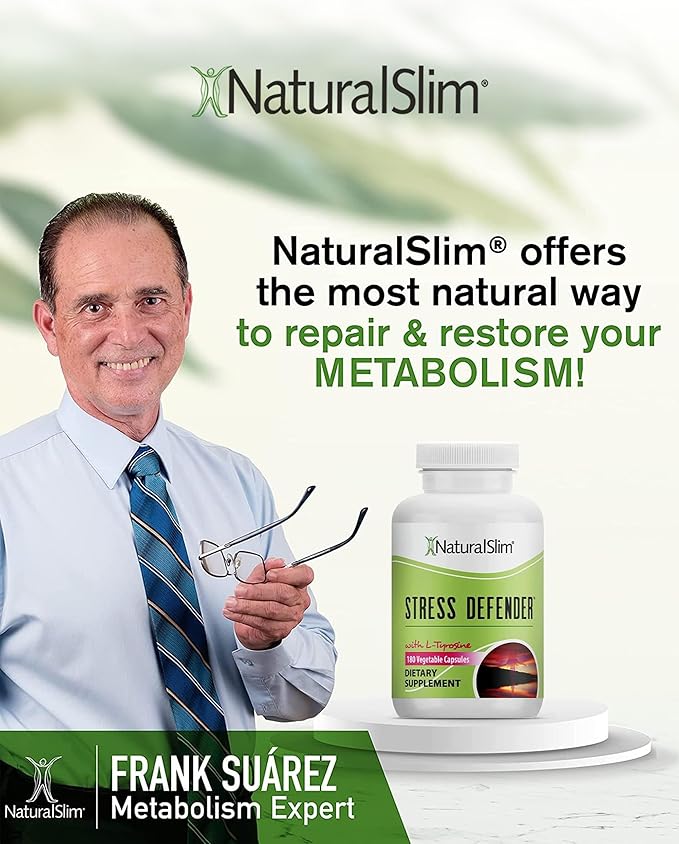 NaturalSlim Stress Relief Supplement - Stress Defender High Cortisol Reducer Control Cravings Sleep &amp Metabolism Support with Vitamin B5 Pantothenic Acid &amp L Tyrosine 180 Vegetable Capsules
