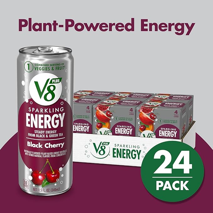 V8 +ENERGY Black Cherry Energy Drink Made with Real Vegetable and Fruit Juices 11.5 FL OZ Can 4 Count (Pack of 6)