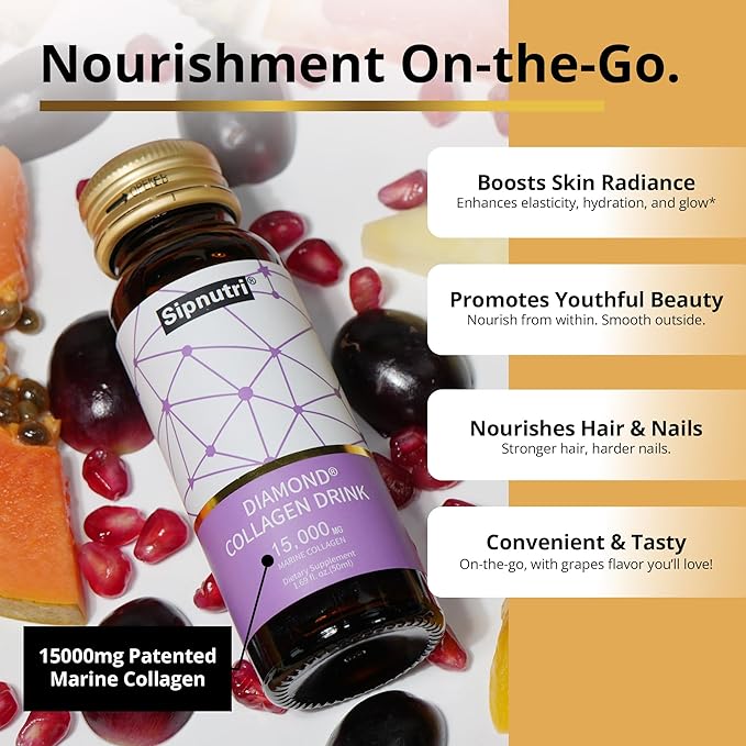 Diamond Collagen Drink 15000mg Marine Collagen Peptides Liquid Shots Best Served Chilled to Minimize Fish Taste Supports Skin Hair &amp Nail Health-1.69 fl oz x10