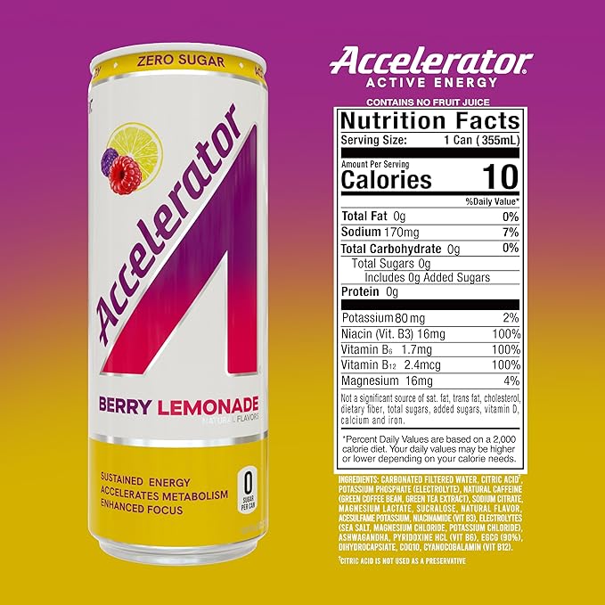 Accelerator Energy Drink Berry Lemonade 12oz can (12 pack) Zero Sugar Sustained Energy from 100% Natural Caffeine (200mg from Green Coffee Bean &amp Green Tea extract)