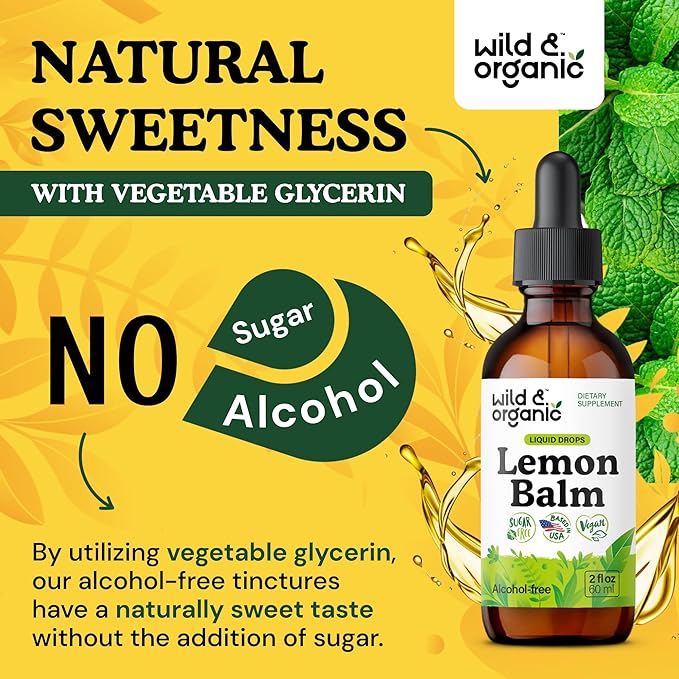 Wild &amp Organic Lemon Balm Drops - Relaxing Lemon Balm Leaf Extract Supplement - Calming Melissa Officinalis Tincture - Vegan Sugar &amp Alcohol-Free - 2 fl oz
