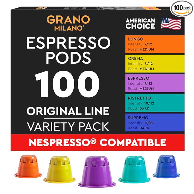 Grano Milano Lungo - 100 Espresso Pods Compatible with Nespresso Original line 100% Arabica Medium Roast - Intensity 7/12 Coffee Capsules Made in Italy Espresso Coffee