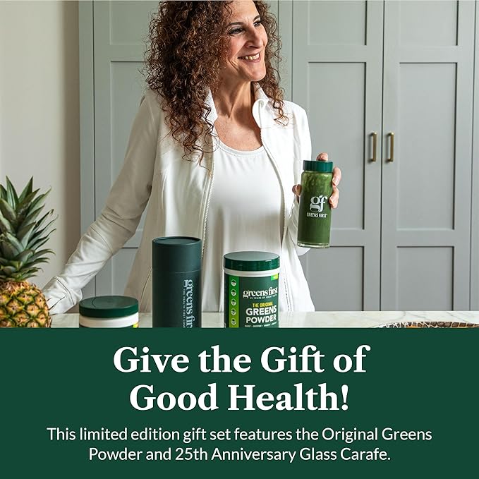 Greens First Gift Set - Limited Edition Glass Carafe &amp Organic Greens Powder - 49 Superfoods - Prebiotics Probiotics &amp Digestive Enzymes - Dairy Free Vegan &amp Non-GMO (Mint 30 Servings)