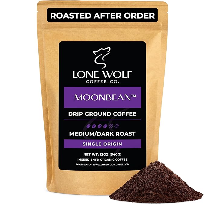 Moonbean - Freshly Roasted After Your Order – Specialty Grade Low Acid Organic Single Origin Medium to Dark Roast Drip Ground Coffee No Bitterness Ethically Sourced 12OZ Compostable Bag