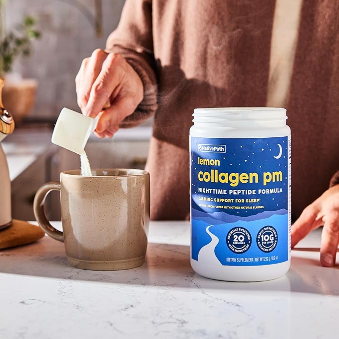 NativePath Collagen PM Sleep Powder Lemon - Melatonin Magnesium GABA &amp L-Theanine with 10g Grass-Fed Collagen - 20 Servings Nighttime Recovery Drink