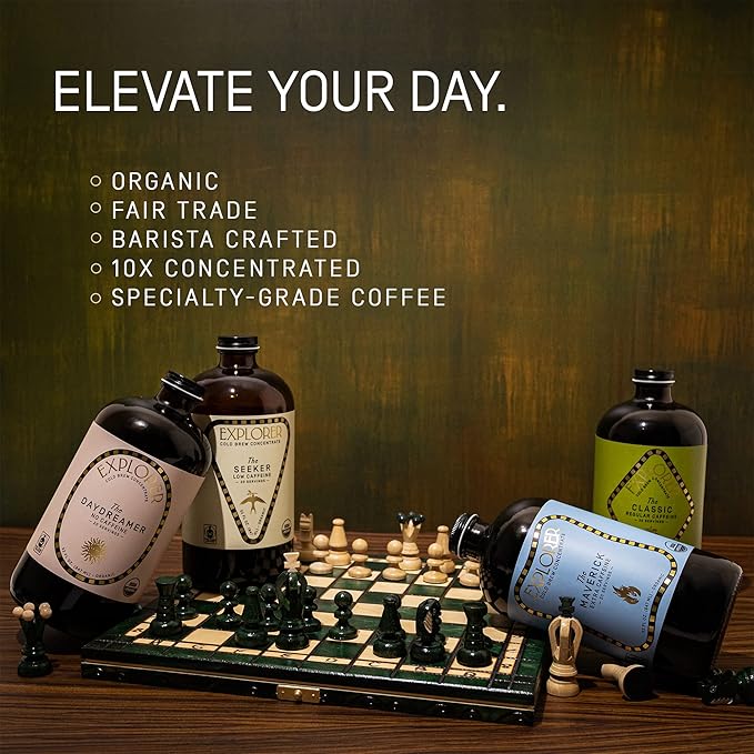 Explorer Cold Brew Organic Liquid Coffee Concentrate Seeker Low Caffeine Drink Iced or Hot 32 fl oz Makes 20+ Cups