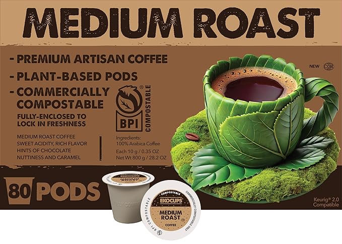 Ekocups Medium Roast Coffee Pods – 80 Count – Compostable Plant-Based &amp Freshness-Sealed – French Press-Quality Brew – K-Cup Brewer Compatible