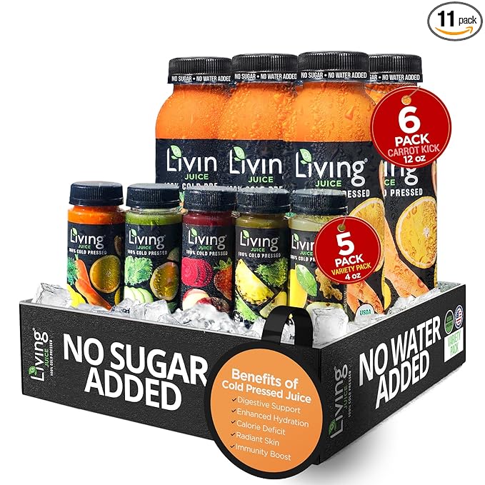 O2 Living Juice Cold Pressed Drink - Carrot Kick Organic Juice Variety Pack - No Added Sugar or Water Naturally Sweetened from Fruits Rich in Nutrients &amp Vitamins - 12oz (6-Pack) + 4oz (5-Pack)