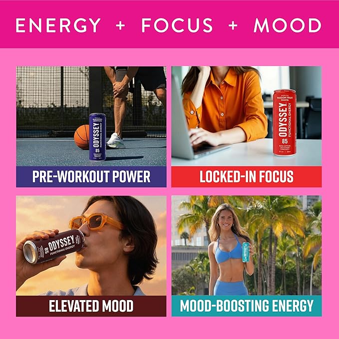 Odyssey Functional Energy Drink for Focus Cognition &amp Mood Support 12 Pack - Adaptogenic Drink with 85mg Green Tea Caffeine Lion’s Mane Cordyceps L-Theanine &amp Ginseng Variety Pack