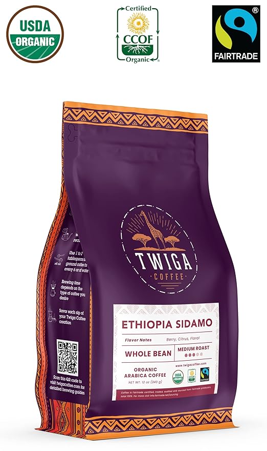 Twiga Coffee Premium Ethiopian Sidamo Whole Bean Coffee – Organic Medium Roast Arabica with Berry Citrus &amp Floral Notes – Single Origin Ethiopia – Freshly Roasted 12 oz
