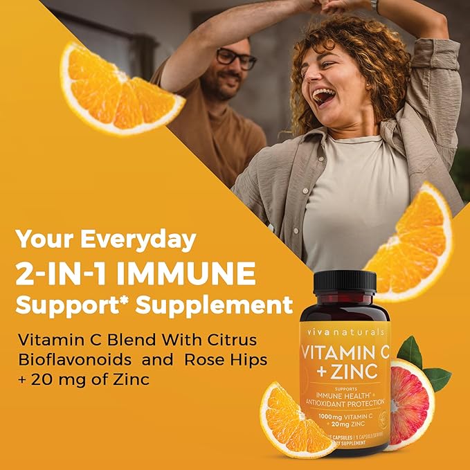 Viva Naturals Vitamin C and Zinc Supplement (250 Capsules) - 1000 mg Vitamin C with Zinc 20 mg Antioxidant Supplements for Immune Support Vitamin Supplement for Adults