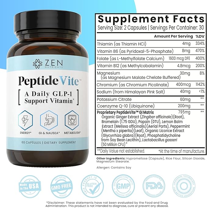 Zen Nutrients PeptideVite GLP-1 Support Vitamin for Gut Health with Probiotics Bromelain Chromium Picolinate &amp Organic Ginger (60 Capsules)