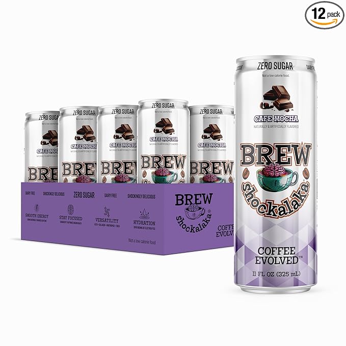 Brew Shockalaka Cafe Mocha Coffee RTD 12-Pack - Nootropic Enhanced Zero Sugar Natural Caffeine + CognatiQ Coffee Evolved (11 FL OZ) (Cafe Mocha)