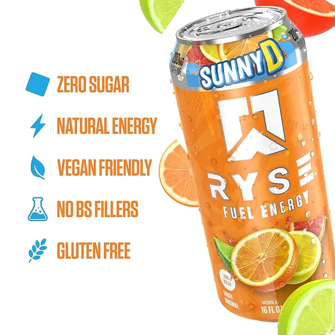 RYSE Fuel Energy Drink - SunnyD Tangy Original - Sugar Free Gluten Free &amp Vegan - 200mg Natural Caffeine Taurine &amp Choline for Focus &amp Energy - No Artificial Colors - 16 fl oz Cans (12-P