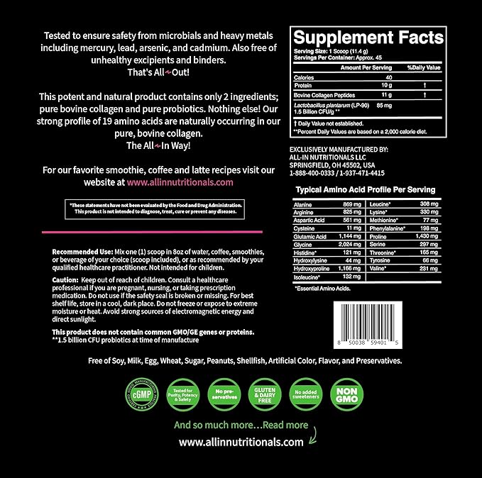 All In Nutritionals Pure Collagen + Probiotics- a one of a Kind Pure and Clean Collagen with Added Probiotics - 1 Scoop Serving- 45 Day Supply!