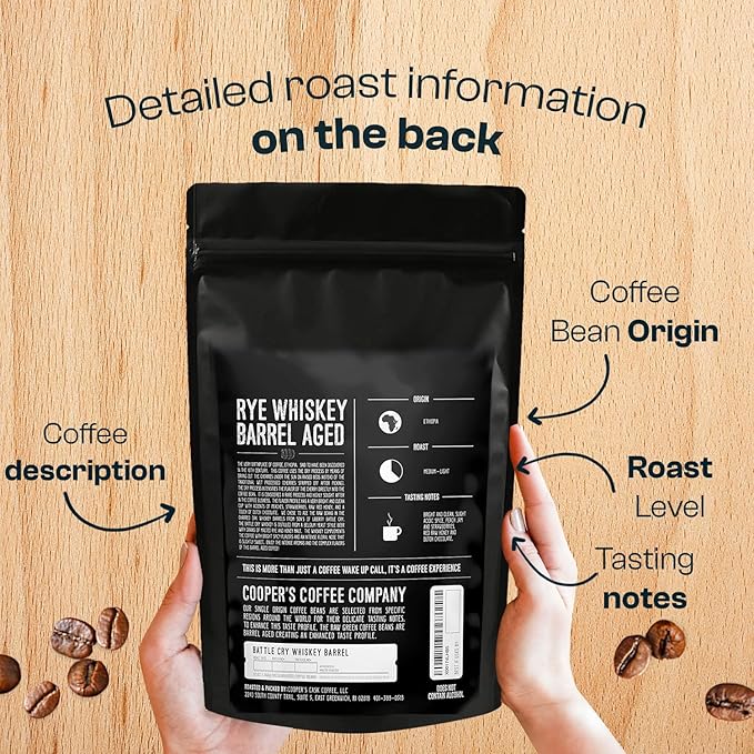 Rye Whiskey Barrel Aged Coffee Single-Origin Ethiopian Beans Aged in Rye Whiskey Barrels Medium Light Roast Whole Bean 2 lb