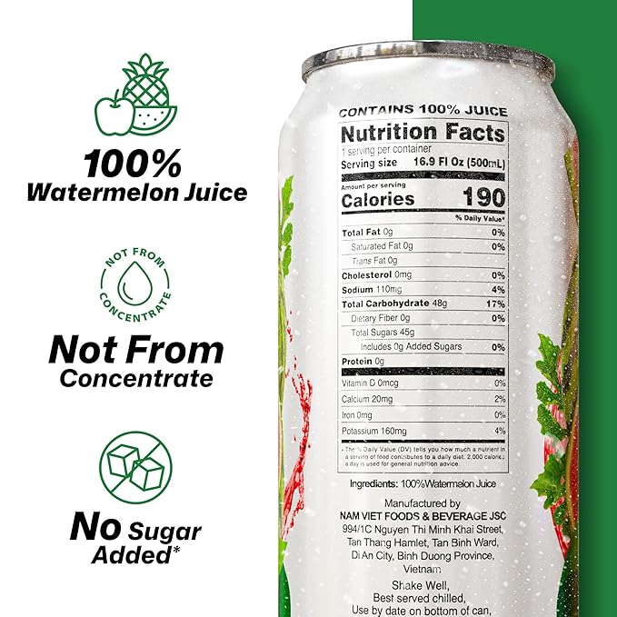 VINUT 100% Watermelon Juice No Added Sugar Not From Concentrate 16.9 fl oz (500 mL) Can Pack of 12