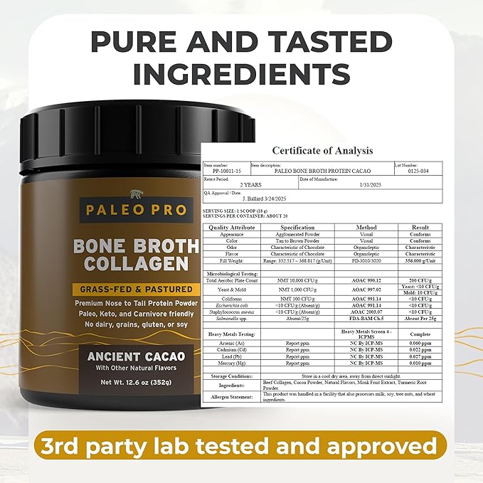 PaleoPro Bone Broth Collagen Protein Powder - Turmeric Root Grass-Fed Collagen Powder for Skin &amp Bones - Gluten Free No Sugar Soy Grains Net Carbs - Paleo &amp Keto Friendly 20 Servings Ancie