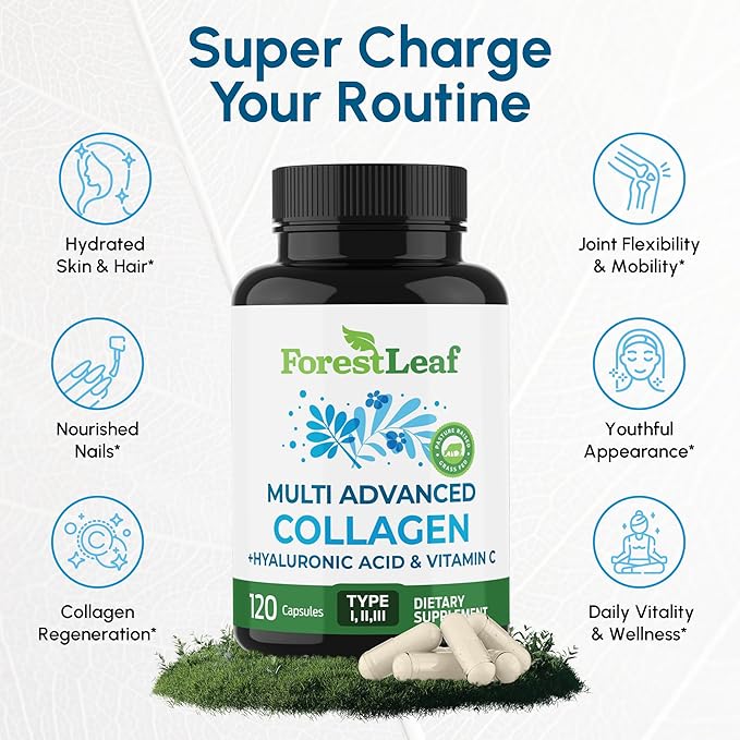 ForestLeaf Multi Collagen Pills with Hyaluronic Acid + Vitamin C | Hydrolyzed Collagen Supplements for Women or Men | Multi Collagen Capsules Peptides for Skin Wrinkles 120 Caps