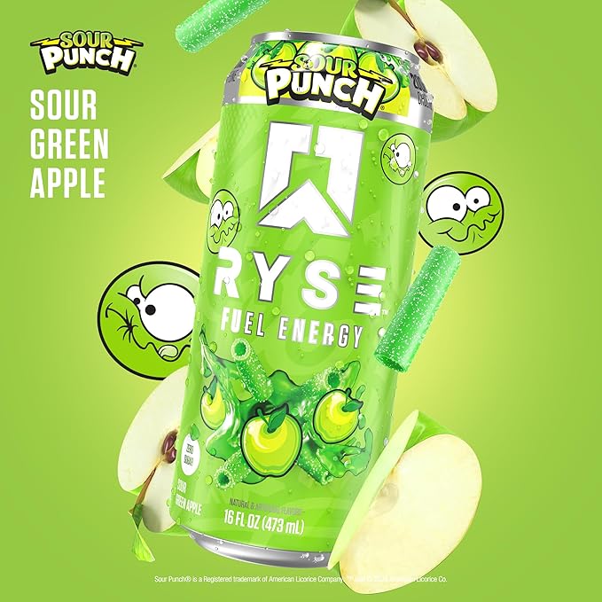 RYSE Fuel Energy Drink - Sour Punch Green Apple - Sugar Free Gluten Free &amp Vegan - 200mg Natural Caffeine Taurine &amp Choline for Focus &amp Energy - No Artificial Colors - 16 fl oz Cans (12-
