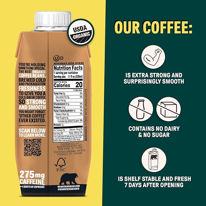 Wandering Bear Straight Black Organic Cold Brew Coffee On-the-Go - Extra Strong Bold Smooth Unsweetened Shelf-Stable Ready to Drink &amp Vegan 100% Organic Iced Cold Brewed Coffee Drink -11 fl