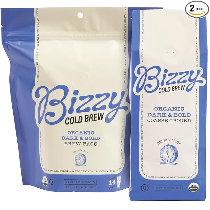 Bizzy Organic Cold Brew Coffee | Bundle | Coarse Ground Coffee | Dark &amp Bold 1 LB + Dark &amp Bold Brew Bags 4-count | 2 Pack