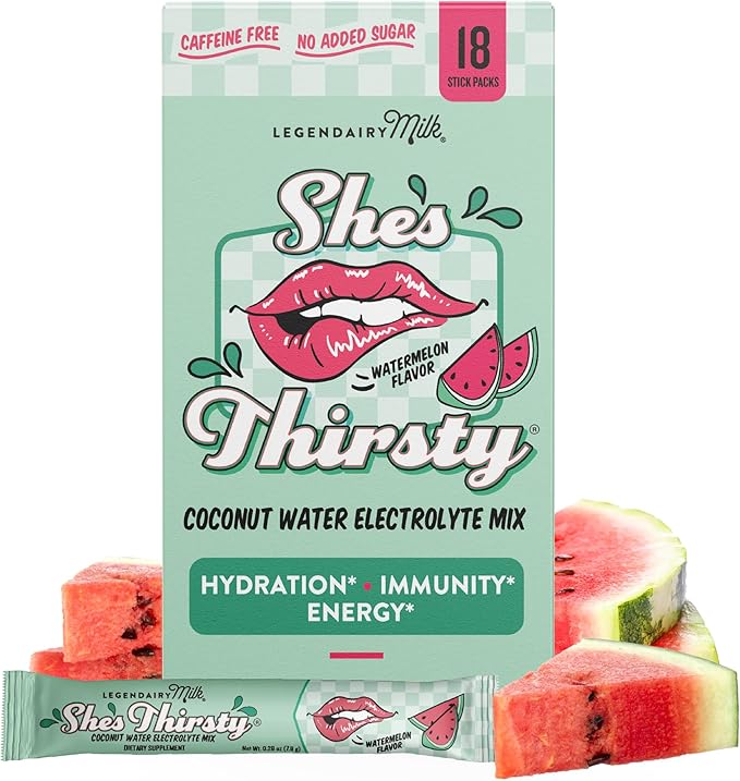 Legendairy Milk She's Thirsty Watermelon No Sugar Added Electrolytes Powder Packets–Coconut Water Mix for Women Instant Hydration Packets Immune Support Pregnancy Safe 18 Ct