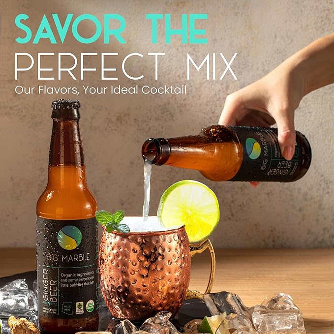 Big Marble Organic Ginger Beer Premium Non-Alcoholic Real Ginger Fair Trade Certified No Artificial Sweeteners/Colors for Cocktails &amp Mocktails - 12 Pack 355ml (12 Fl Oz) Bottles