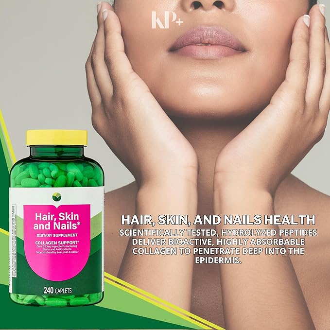KP+ Hair Skin &amp Nails | Collagen Support | Over 15 Key Ingredients Including Biotin &amp Antioxidants | Dietary Supplement | 240 Caplets | Pack of 2