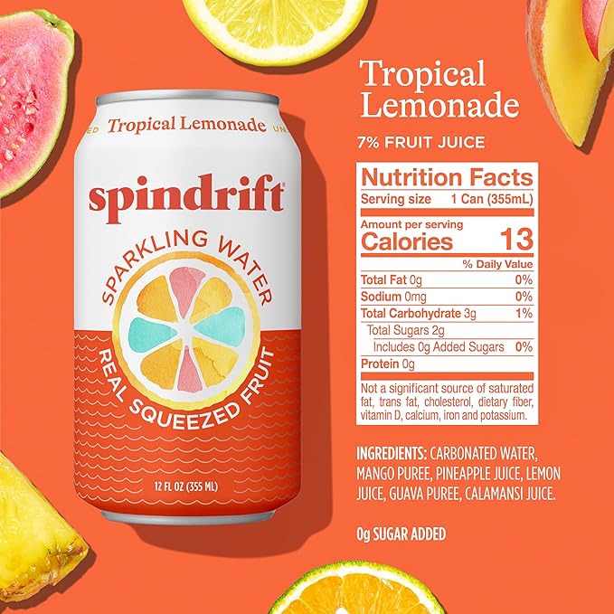 Spindrift Sparkling Water Tropical Lemonade Flavored Made with Real Squeezed Fruit 12 Fl OZ Cans Pack of 24 (Only 13 Calories per Can)