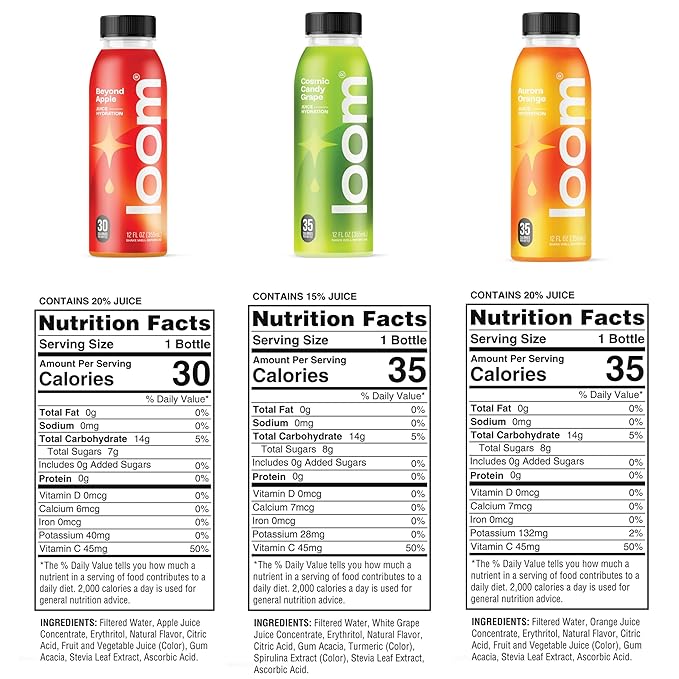 Drink Loom Variety Pack Orange Apple Grape Low Sugar Juice Real Fruit No Added Sugar Healthy Hydration 30 Calories12 oz bottles 12 pack