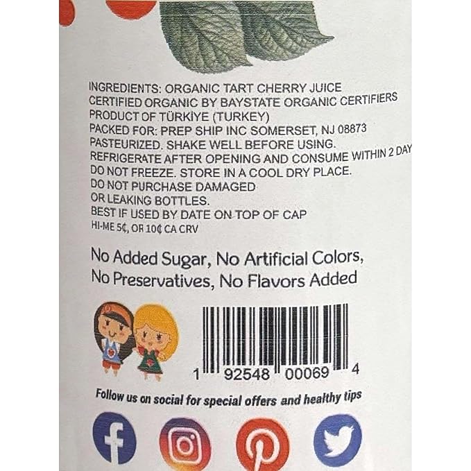 Anna and Sarah 33.8 Oz Organic Tart Cherry Juice - USDA Organic Certified - Glass Bottle (2 Pack) No Sugar No Artificial Colors No Preservatives No Flavors AddedNOT from CONCENTRATE