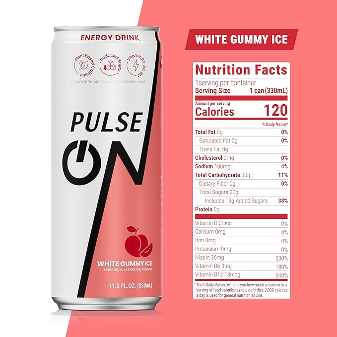 PulseOn Energy Drink- 200mg Natural Caffeine Taurine and Vitamin B|White Gummy Ice Reduced Sugar 11.2 fl oz((Pack of 24)