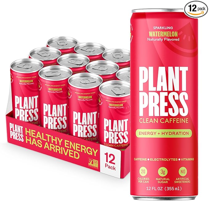Plant Press - Organic Energy Drink 100 mg Caffeine Clean Coffee Alternative Full Range of Vitamins Electrolytes No Sugar Alcohols No Preservatives (12 Fl Oz (Pack of 12) Watermelon)