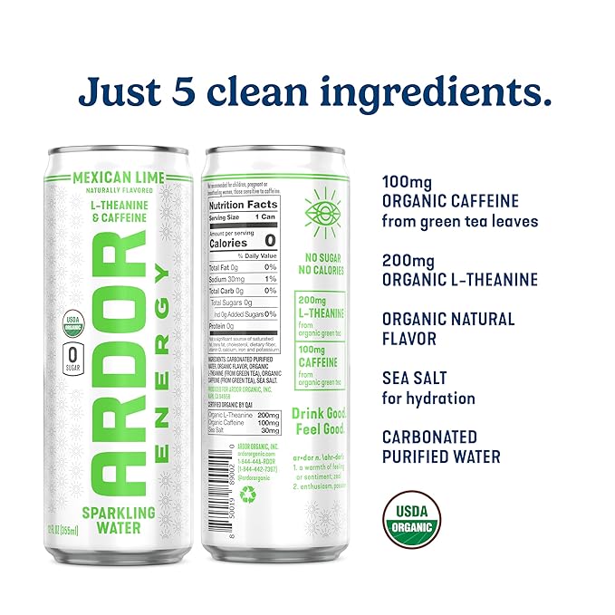 ARDOR Sparkling Water with 100mg Natural Caffeine &amp 200mg L-Theanine from Organic Green Tea for Smooth Energy &amp Focus | No Sugar 0 Calories | Vegan Gluten-Free | Mexican Lime - 12 Ct