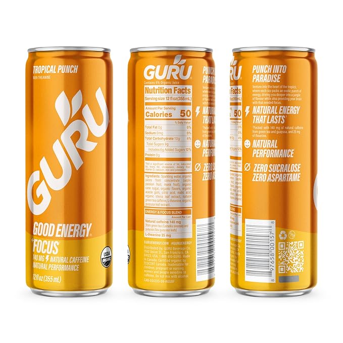 GURU Tropical Punch Organic Energy Drinks Clean Energy Drink with Plant Based Natural Caffeine from Green Tea + Focus with L Theanine Gluten Free 140MG Caffeine Healthy Drinks 12oz (Pack of 12)