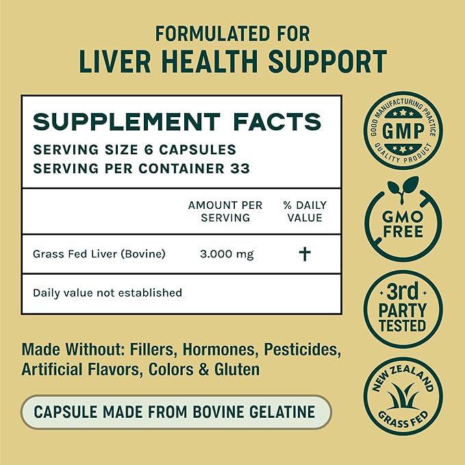 One Earth Health Beef Liver Capsules. 100% Grass Fed New Zealand Beef Liver. Pasture Raised. GMO and Filler Free. 200 Capsules (3000mg Serving)